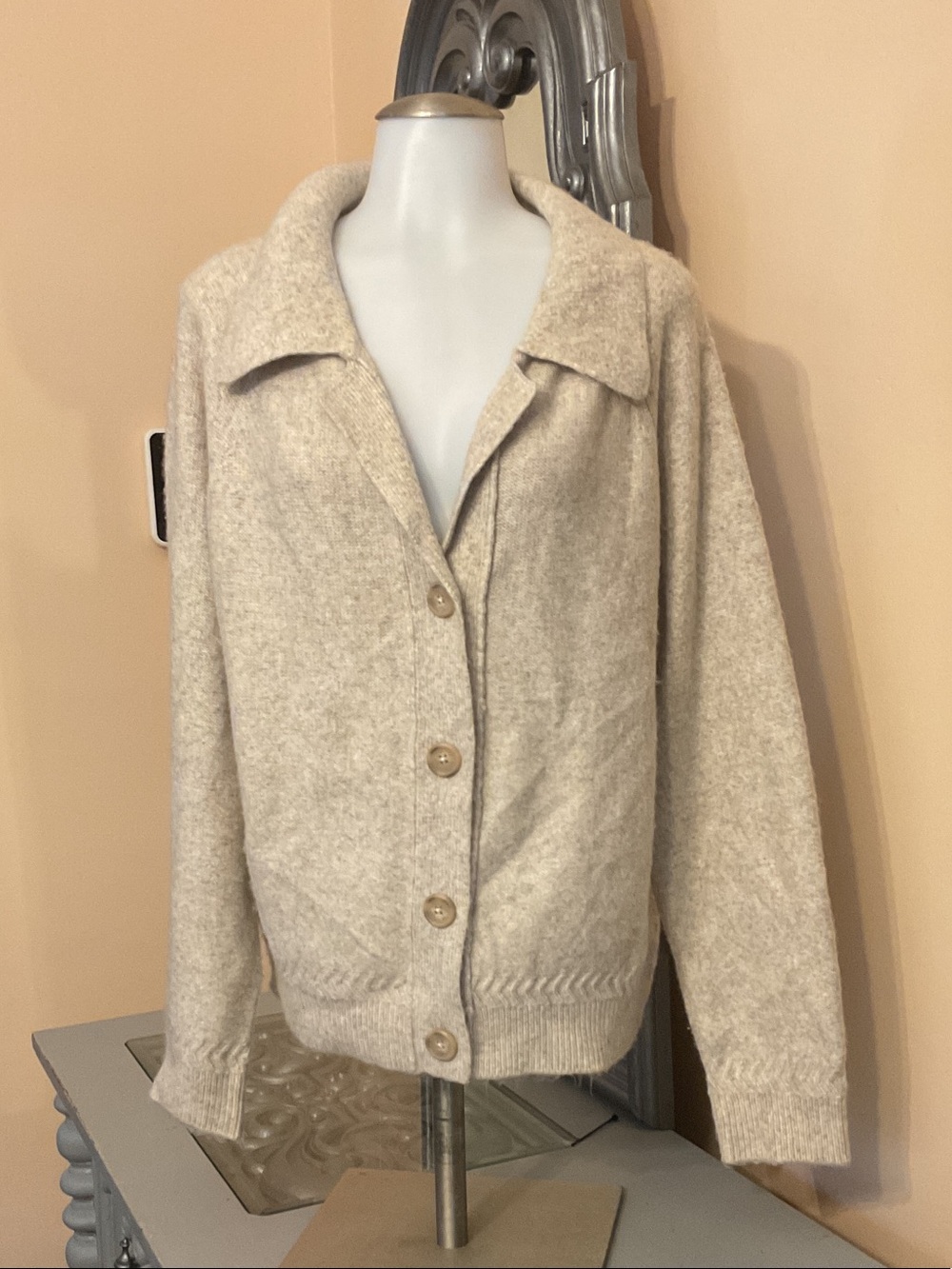 Tahari Large Soft Oatmeal Cream Button Front Cardigan